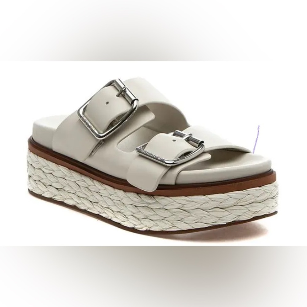 J/SLIDES NYC Bonnie Double Buckle Platform Slide Sandals - Bone Leather Size 7